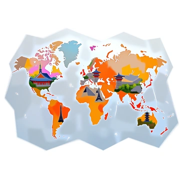 A world map displaying various countries with highlighted areas for famous landmarks. Each landmark is illustrated with small, detailed images representing its unique features. For instance, the Eiffel Tower is shown in Paris, while the Great Wall of China spans across China. In Egypt, the Pyramids are depicted, and in Japan, a traditional pagoda appears. The map features vibrant colors, with a clear distinction between the land and the oceans, enhancing the visibility of the landmarks across different regions.