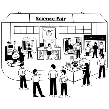 A spacious gymnasium filled with students standing at various booths, each showcasing their science projects. Some students are demonstrating experiments with bubbling beakers and colorful charts, while others are explaining their findings to small groups of interested viewers. A large banner reading "Science Fair" hangs from the ceiling, and tables covered with white cloths display models of planets, ecosystems, and chemical reactions. In the background, a group of teachers observes the presentations, taking notes on clipboards.