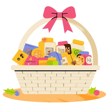 A large, colorful gift basket with a rich red bow on top. The basket has a woven texture and is filled with a variety of gourmet treats. There are boxes of chocolates with gold and silver wrappers, jars of honey with decorative labels, and packages of cookies in festive shapes. Additionally, there are small bags of nuts and dried fruits scattered throughout the basket. The basket is placed on a wooden table, with a few scattered pinecones and sprigs of holly around it, enhancing the holiday theme.