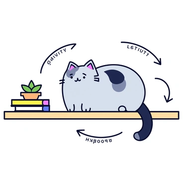A cartoon illustration of a cat sitting comfortably on a shelf. The cat has a fluffy coat in shades of gray and white, with its eyes closed in contentment. The shelf is a light wooden color and holds a few decorative items such as a small potted plant and a stack of colorful books. Arrows are drawn around the cat, indicating the forces acting on it, with one arrow pointing downwards labeled "gravity" and another arrow pointing upwards labeled "support."