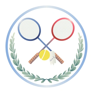 A vintage-style badge with a badminton racket and shuttlecock crossed, surrounded by laurel leaves.
