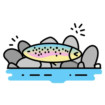 A colorful trout with iridescent scales is nestled among smooth, rounded river rocks. The water is clear, gently flowing over the rocks, creating ripples in the surface. Sunlight filters through the water, casting subtle reflections on the fish and surrounding stones. The rocks vary in size and shape, creating a natural habitat for the trout.