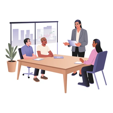 A financial advisor is standing in a bright, modern office, explaining financial technology tools to a group of clients. The advisor is a middle-aged woman with dark hair, wearing a professional gray blazer over a white blouse. She is holding a tablet in her right hand, showing a colorful graph displayed on the screen. The clients are two men and one woman, all seated around a sleek wooden table. The first man is on the left, with light skin, short brown hair, and dressed in a blue shirt. The second man, in the middle, has medium skin and is wearing a white shirt. The woman on the right has medium skin and long black hair, dressed in a pink blouse. They are all attentively looking at the tablet, with a large window in the background revealing a city skyline. A potted plant is placed in the corner of the room.