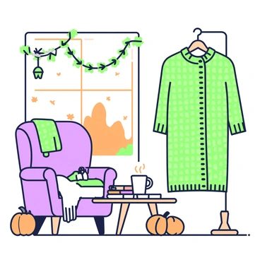 A cozy knit dress hangs on a wooden hanger in a warm living room. The dress has a textured pattern that gives it a snug appearance. In the background, there is a comfortable armchair with a soft throw blanket draped over the side. A small wooden coffee table is situated in front of the chair, holding a steaming mug next to a stack of books. The room is adorned with autumn decorations, including a few small pumpkins placed on the table, and garlands of leaves hanging on the walls. A window reveals a glimpse of falling leaves outside, enhancing the seasonal ambiance.