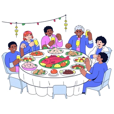 A festive holiday gathering with a large table set for a feast. The table is covered with a white tablecloth and adorned with green and red decorations. In the center of the table, there is a beautifully cooked red snapper arranged on a large platter, garnished with lemon slices and fresh herbs. Surrounding the snapper are various side dishes in colorful bowls, including roasted vegetables and rice. Guests are seated around the table, some raising glasses in a toast, while others are serving food onto their plates. The atmosphere is lively, with cheerful expressions and vibrant holiday decorations in the background.