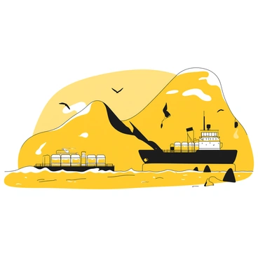 A black and white illustration of a fuel barge approaching a remote coastline. The barge has several barrels stacked on its deck. In the background, there are tall sand dunes rising against the horizon. The sky is clear, providing a stark contrast to the dark silhouette of the barge. Seagulls are flying above the water, and gentle waves are lapping at the shore. The sand dunes are detailed, showing ripples and shadows created by the sunlight.