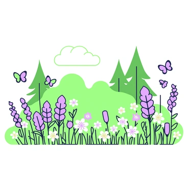 A meadow filled with wildflowers stretches out at the edge of a forest. The flowers include a variety of shapes and sizes, clustered together in vibrant groups. Among the flowers, some tall stalks stand proudly, while low-lying blossoms create a colorful carpet. In the background, the forest looms with tall trees, their trunks thick and branches extending outward. A gentle breeze causes the flowers to sway slightly, and small butterflies flutter from flower to flower, adding movement to the scene. The sky above is clear, allowing soft sunlight to illuminate the landscape.