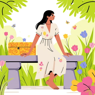 A young woman named "Pandora" with long flowing hair is sitting on a stone bench in a lush garden full of colorful flowers and vibrant green plants. She is wearing a light flowing dress adorned with floral patterns. A wooden box, intricately designed with swirling patterns, is resting beside her on the bench. Sunlight filters through the leaves, casting dappled shadows on the ground. Butterflies flutter around, adding a lively touch to the serene scene.