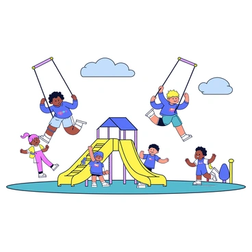 A group of children playing joyfully on a playground. There are two children swinging high on the swings, which appear exaggerated in size due to the perspective, creating a dynamic sense of motion. Nearby, a girl slides down a bright yellow slide while a boy climbs up the ladder. In the background, colorful playground equipment and a grassy area are visible. The sky is clear with a few fluffy clouds.