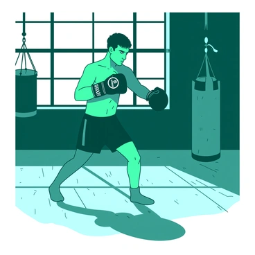 A teal fighter is practicing shadowboxing in a dimly lit room. The fighter is wearing black shorts and gloves, displaying a determined expression. Light is streaming through a large window, creating a pattern of shadows on the wooden floor. In the background, there are subtle hints of gym equipment, such as a punching bag and a jump rope, partially illuminated by the ambient light. The atmosphere is focused and intense, highlighting the fighter's movements.