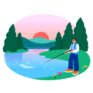 A person wearing a light blue fishing vest is standing on the shore of a tranquil lake at dawn. The soft morning light casts gentle reflections on the water's surface, creating a serene atmosphere. The person is holding a fishing rod and looking intently at the lake. Surrounding the lake are tall, green trees with dew-covered leaves, and the sky above is painted in shades of pink and orange as the sun begins to rise. Small ripples are visible on the water, indicating a slight breeze. A few colorful wildflowers are blooming along the edge of the shore.