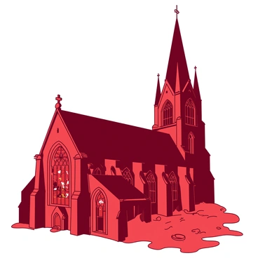 A red gothic church stands prominently with towering spires reaching high into the sky. The church features large stained glass windows, intricately designed, depicting various scenes. Inside, the flickering candlelight casts a warm glow, illuminating the ornate details of the architecture. Shadows dance along the stone walls, creating an atmosphere of reverence and history.