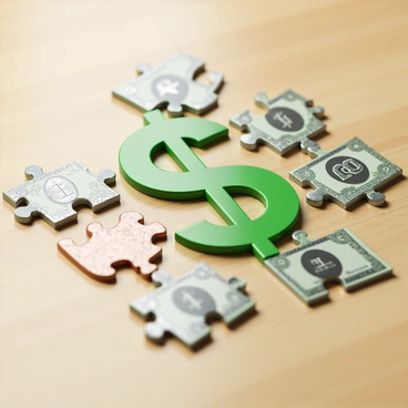 A close-up view of a puzzle in progress, featuring pieces shaped like various denominations of coins and bills. The puzzle pieces are intricately designed to resemble detailed images of currency, including copper pennies, silver dimes, and green dollar bills. The pieces are arranged on a light wooden table, with several pieces fitting together to form the shape of a large dollar sign in the center. The background is softly blurred to keep the focus on the colorful currency-shaped puzzle pieces.