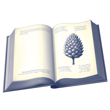 An open antique botanical book lies on a wooden surface. The pages are aged, with yellowed edges and delicate, ornate borders. One page features a detailed illustration of a pine cone, showcasing its intricate textures and patterns. The pine cone is rendered in fine lines, with each scale clearly defined. Surrounding the illustration are handwritten annotations in elegant cursive, describing the species and characteristics of the pine cone. The other page remains blank, emphasizing the focus on the illustrated pine cone.