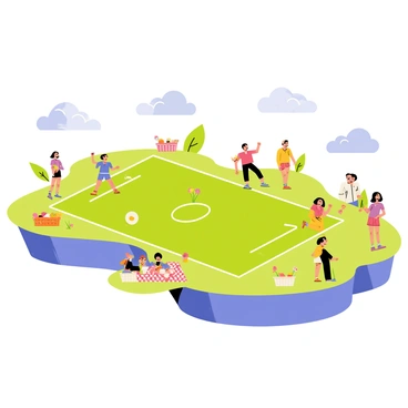 A floating island with lush green grass and colorful flowers scattered across its surface. In the center, a vibrant soccer field is surrounded by cheerful participants dressed in bright athletic gear, energetically playing soccer. Nearby, groups of people enjoy picnic areas, sitting on checkered blankets, with baskets filled with fruits and sandwiches. Some individuals are laughing and cheering for the players, while others are sipping drinks from colorful cups. Fluffy white clouds drift by in the blue sky above, creating a light and joyful atmosphere around the scene.