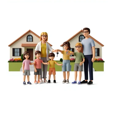 Two families are standing in front of their houses, exchanging keys in a friendly manner. The first family consists of a father with short brown hair and glasses, a mother with long blonde hair tied in a ponytail, and two children, a boy and a girl, both wearing casual summer clothes. The second family has a father with curly black hair, a mother with a medium-length straight hair, and their two children, a boy and a girl, dressed in colorful t-shirts and shorts. Each parent holds a set of keys, smiling as they pass them between each other. The background features two cozy houses with well-kept lawns and colorful flower beds, conveying a sense of community and excitement for the upcoming vacation adventure.