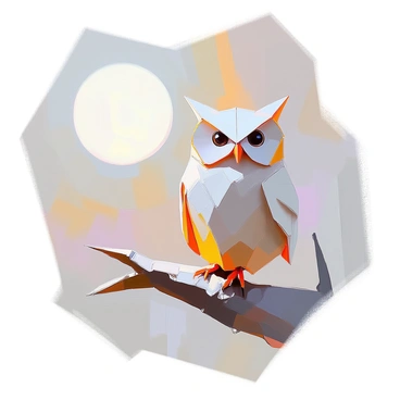 An origami owl, intricately folded with detailed creases, is perched gracefully on a delicate paper branch. The owl has large, expressive eyes and triangular wings partially spread as if ready to take flight. The branch features subtle textures to simulate bark, and it extends from the bottom of the image towards the owl, adorned with elaborate folds. Above, a bright full moon illuminates the scene, casting soft shadows and enhancing the intricate patterns of the origami. The moon appears large and round, providing a gentle glow that contrasts with the crisp lines of the paper.