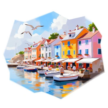 A picturesque seaside town featuring row after row of colorful houses that overlook a bustling harbor. The houses are painted in bright hues of blue, yellow, and pink, each with quaint balconies adorned with flower boxes. The harbor is filled with small boats gently bobbing on the waves, and a few fishermen can be seen preparing their nets along the docks. In the foreground, seagulls soar above, and the shimmering waters reflect the vibrant colors of the houses, creating a lively and charming atmosphere.