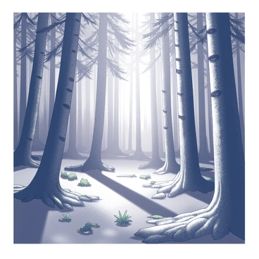 A dense forest filled with tall trees, their trunks rising straight and strong. Sunbeams are creating shafts of light that penetrate through the leaves, illuminating patches of the forest floor. The ground is covered in a mix of fallen leaves and soft moss, with some small ferns growing here and there. Shadows dance between the trees, creating a contrast between light and dark areas throughout the scene.