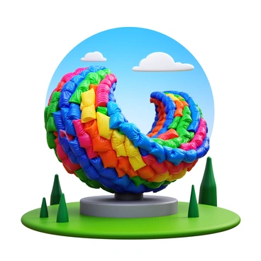 A large outdoor sculpture formed from colorful plastic bags. The sculpture showcases a dynamic shape that appears to flow and twist in the wind. Each plastic bag is intricately tied and arranged, creating a texture that resembles waves. The sculpture is mounted on a sturdy base made of recycled materials. Surrounding the sculpture is a natural landscape with green grass and a clear blue sky, emphasizing the contrast between the vibrant colors of the plastic bags and the earthy tones of the environment.