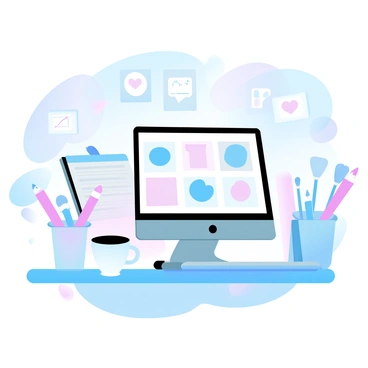 A computer screen displays a collection of colorful illustrations created by an illustrator. The screen is surrounded by art supplies like colored pencils, sketchbooks, and paintbrushes. A stylish desk holds a laptop with an open digital portfolio, showcasing various artworks in a grid layout. A tea cup sits beside the laptop, creating a cozy atmosphere. Several framed illustrations hang on the wall behind, adding to the artistic environment.