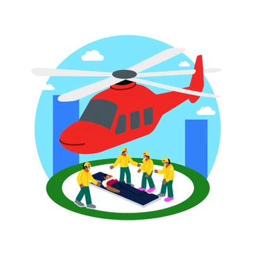 A red helicopter with a sleek design is taking off from a circular helipad. The rotor blades are spinning rapidly, creating a dynamic motion effect. Below the helicopter, a group of paramedics in bright yellow uniforms is preparing to assist an injured person, who is lying on a stretcher. The backdrop features a clear blue sky, adding to the urgency of the scene. The helipad is surrounded by a few tall buildings, emphasizing an urban environment. Bright emergency lights on the helicopter are flashing, highlighting the importance of the rescue operation.