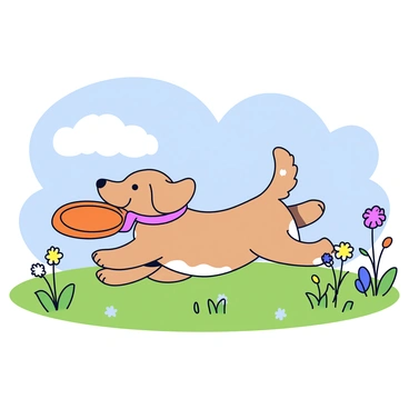 A playful dog with fluffy fur is running through a green meadow filled with colorful wildflowers. The dog has a bright orange frisbee firmly held in its mouth. Its ears are flapping in the wind as it dashes across the open space. In the background, a clear blue sky with a few fluffy clouds adds to the cheerful scene. The dog's tail is wagging energetically, showcasing its excitement.