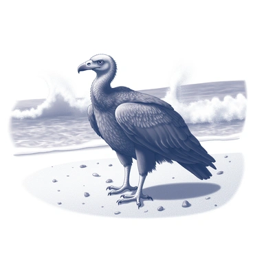 A turkey vulture stands on a sandy beach. Its feathers appear intricate and detailed, showcasing the characteristic dark plumage. The bird is positioned with its wings slightly spread, giving a sense of readiness. Behind the vulture, waves crash onto the shore, creating a dynamic interaction between the water and the sand. The sandy texture of the beach is visible, dotted with small pebbles and shells. The overall composition captures the natural habitat of the turkey vulture, emphasizing its presence against the rhythmic motion of the ocean waves.