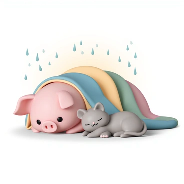 A pink pig, with its round body and small ears, is lying comfortably under a soft, multicolored blanket. Next to the pig, a small gray cat is nestled close, with its eyes half-closed and a content expression on its face. The blanket is draped over them, creating a cozy atmosphere as raindrops can be seen hitting the window in the background. The room has a warm glow, enhancing the feeling of comfort during the rainy day.