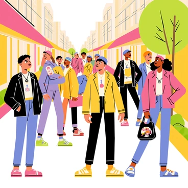 A busy city street filled with a diverse group of individuals. People are wearing eclectic street fashion, showcasing unique styles and patterns. Some individuals are adorned with colorful oversized jackets, while others sport fitted jeans with vibrant sneakers. Accessories include large statement necklaces, trendy hats, and graphic totes. The street is lined with shops featuring bright storefronts, and there are trees planted along the sidewalk, adding a touch of greenery to the urban scene.