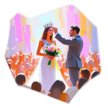 A beauty pageant scene featuring a contestant with long, flowing hair and a radiant smile, standing proudly on stage. She is wearing an elegant gown that shimmers under the bright stage lights. In her hands, she holds a bouquet of flowers, and a crown is being placed on her head by a pageant official. The stage is adorned with colorful banners and decorative elements, enhancing the celebratory atmosphere. The audience can be seen in the background, applauding and cheering for the contestant.