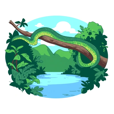 A green giant anaconda is coiled tightly around a sturdy tree branch that extends over the Amazon River. The snake's scales glisten in the sunlight, displaying a vibrant pattern of dark green and yellow. Below the branch, the river flows calmly, reflecting the lush greenery of the surrounding jungle. Various tropical plants with large leaves flourish on the riverbank, creating a dense backdrop. The sky above is clear, highlighting the bright environment of the Amazon rainforest.