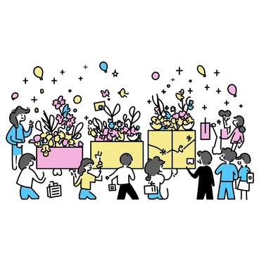 A vibrant festival scene featuring numerous floats, each adorned with intricate flower designs. The floats are decorated with a variety of colorful flowers, showcasing patterns and arrangements that highlight their natural beauty. People are gathered around the floats, some taking photos, while others are waving and smiling. Balloons in various colors are scattered throughout the crowd, adding to the festive atmosphere. The sky above is clear and bright, enhancing the lively mood of the celebration.
