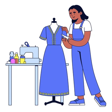 A tailor adjusting the final touches of a newly cut bubu gown on a mannequin. The gown is made of bright blue fabric with intricate golden embroidery along the hems and sleeves. The tailor is holding a pair of scissors in one hand and pinning a fold in the fabric with the other. The mannequin is situated in a well-lit workshop with sewing tools and colorful threads neatly arranged on a nearby table.