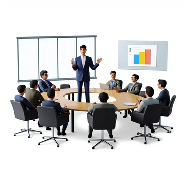 A young entrepreneur with short black hair, wearing a tailored navy blue suit and white shirt, stands confidently at the front of a bright conference room. He holds a digital tablet in one hand and gestures dynamically with the other as he presents his pitch. The conference room is filled with modern furniture, including a large oval table surrounded by sleek chairs. Large windows let in abundant natural light, illuminating a projector screen displaying a colorful chart. Several investors, both men and women in business attire, are seated at the table, attentively listening and taking notes.
