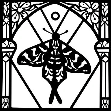 A "death's-head hawkmoth" with intricate wing patterns is "resting" on a "gothic-style stained glass window" featuring detailed religious motifs and intricate designs. The "window" displays a variety of shapes and sharp angles, enhancing the gothic aesthetic. The moth's "body" contrasts against the ornate glass, which is decorated with "depictions of angels and floral elements." "Light" filters through the glass, casting distinct shadows around the moth and highlighting the textures of its wings.