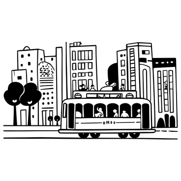 A vintage trolley car moving along a bustling Chicago street. The trolley is adorned with decorative details, showcasing its classic design. There are several tourists sitting inside, enjoying the ride, some leaning out of the windows. The street is lined with tall buildings, featuring architectural styles typical of Chicago, with intricate facades and large windows. A few trees with lush foliage line the sidewalk, and pedestrians can be seen walking along the street, engaged in various activities. The overall scene conveys a sense of lively exploration in a historic urban setting.