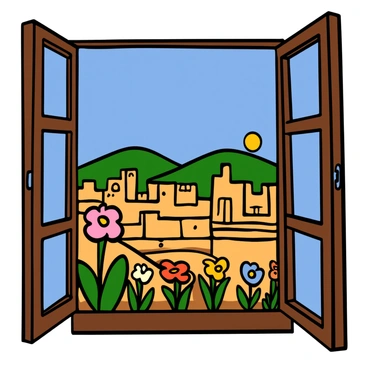 A view from a window with wooden frames, overlooking the ancient city of Jericho. The city is depicted with stone buildings and walls, some in ruins, with a clear blue sky above. In the foreground, colorful flowers grow near the window ledge, adding a touch of nature to the scene. The sun casts warm light over the landscape, highlighting the golden hues of the buildings. Far in the distance, rolling hills provide a backdrop to the city, creating a sense of depth and perspective.