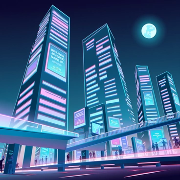 A sprawling futuristic cityscape at night illuminated by vibrant neon lights in various colors. Towering skyscrapers with unique geometric designs dominate the skyline, featuring holographic advertisements projected onto their surfaces. The streets below are bustling with people and autonomous vehicles, creating a lively urban atmosphere. Futuristic bridges and walkways connect the buildings at different heights. A glowing moon hangs in the sky, casting a soft light over the scene, while digital billboards flash advertisements, enhancing the dynamic ambiance of the city.