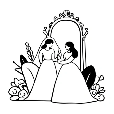 A bride in a flowing wedding gown and a bridesmaid in a matching dress stand in front of a large ornate mirror. The bride adjusts her veil while the bridesmaid smooths out her dress. The mirror reflects both their figures and intricate details of the bridal attire. Surrounding them are floral arrangements and delicate accessories, adding to the atmosphere of the moment. The setting is elegantly decorated, complete with soft drapery and ornate furnishings.
