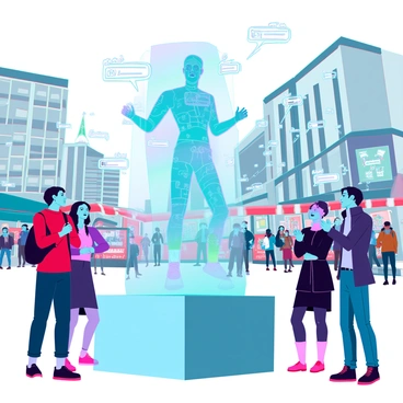 An AI hologram with a translucent, ethereal appearance, displaying vibrant colors that shift and change. The hologram is projected above a sleek pedestal, engaging with a diverse group of tourists gathered around it. The tourists, including individuals of various ethnicities and ages, are looking up with expressions of curiosity and excitement. The bustling city square is filled with modern architecture, street vendors, and people walking by. The hologram is providing information about nearby attractions, with floating text bubbles and icons appearing around it to highlight points of interest.
