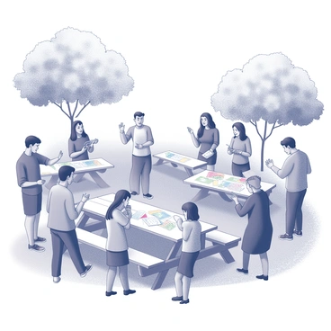 A group of diverse individuals is gathered together in a park setting. They are standing in a circle, engaged in animated discussions about plans for an upcoming event. There are several picnic tables nearby, some adorned with colorful flyers and notepads. A few participants are taking notes, while others are enthusiastically gesturing. Surrounding them are trees providing shade and grassy areas where families and children can be seen playing. Various activities are being planned, with a sense of collaboration and excitement in the air.