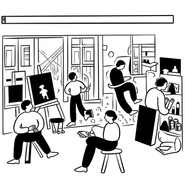 An art studio with large windows overlooking busy Tokyo streets. Artists are scattered throughout the space, each focused on their own projects. One artist is painting on a large canvas with a brush, while another is sculpting a figure from clay. Nearby, a third artist is sketching in a notebook, surrounded by various art supplies. The walls of the studio are adorned with completed artworks and shelves filled with paint tubes and brushes. Sunlight streams in through the windows, illuminating the creative atmosphere of the bustling studio.