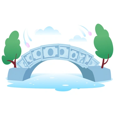 A bridge constructed entirely from a series of overlapping dollar bills spans across a calm water body. The bills are layered in a way that creates a sturdy yet aesthetic arch, displaying various denominations prominently. Each bill features intricate designs and patterns, adding texture to the scene. Surrounding the bridge are lush green trees on both sides, enhancing the natural setting. Soft light filters through the leaves, casting gentle shadows on the water below, where the reflection of the dollar bill bridge can be seen shimmering.