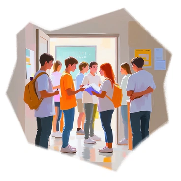 A group of nervous students with varied appearances stands outside a classroom. Some students have light brown hair, while others have dark hair and one has bright red hair. They wear casual clothing such as t-shirts and jeans, and their expressions reflect anxiety. One student clutches a stack of papers tightly, while another chews on a pencil. The classroom door is slightly ajar, revealing a glimpse of a chalkboard inside. The hallway features muted colors and bulletin boards with educational materials. The atmosphere is tense as the students await their turn for the exam.