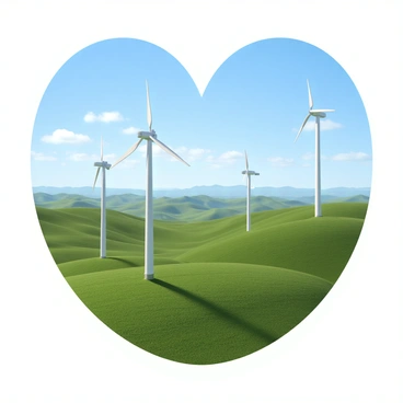 A landscape featuring rolling green hills under a clear blue sky. In the foreground, several tall wind turbines are strategically placed, their blades turning gently in the breeze. The arrangement of the turbines creates the silhouette of a human heart, with the outlines of the turbines forming the curves and valleys of the heart shape. The background shows a distant horizon with more hills and a few fluffy clouds scattered in the sky, enhancing the expansive feel of the scene.