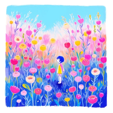 A field filled with towering flowers in various vibrant colors, reaching high towards the sky. Among the flowers, a tiny person stands with wide eyes, looking up in awe. The tiny person has short hair and is wearing a simple outfit. The flowers are detailed with intricate petals and green leaves, creating a lush landscape that emphasizes the scale difference between the flowers and the tiny person. The background features a clear blue sky, enhancing the vivid colors of the flowers.