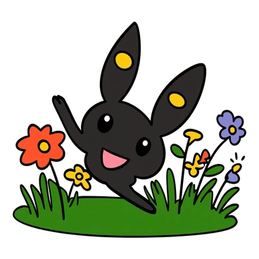 An Umbreon with sleek black fur and bright yellow rings is playfully frolicking through a field filled with vibrant wildflowers in various colors such as red, yellow, and purple. The Umbreon has large, expressive eyes and a joyful stance, its ears perked up in excitement. The wildflowers sway gently in the breeze, creating a lively backdrop for the scene. Sunlight filters through, illuminating the Umbreon and the flowers, enhancing the cheerful atmosphere.
