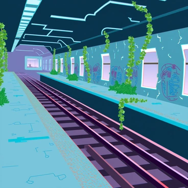 An abandoned metro station with cracked tiles and rusted metal railings. The platforms are covered with overgrown green plants and vines that are creeping across the concrete. The walls display vibrant graffiti art, featuring various colors and intricate designs, some of which are peeling or faded. A dim light filters through broken windows, casting shadows on the debris scattered across the floor. The atmosphere conveys a sense of forgotten history and nature reclaiming the space.