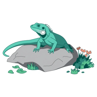 A teal iguana is basking on a warm gray rock under bright sunlight. The iguana's scales glisten in the light, highlighting its textured skin. Surrounding the rock, there are patches of green grass and a few small, vibrant orange flowers. The sky is clear, and the sun casts soft shadows of the iguana on the surface of the rock.